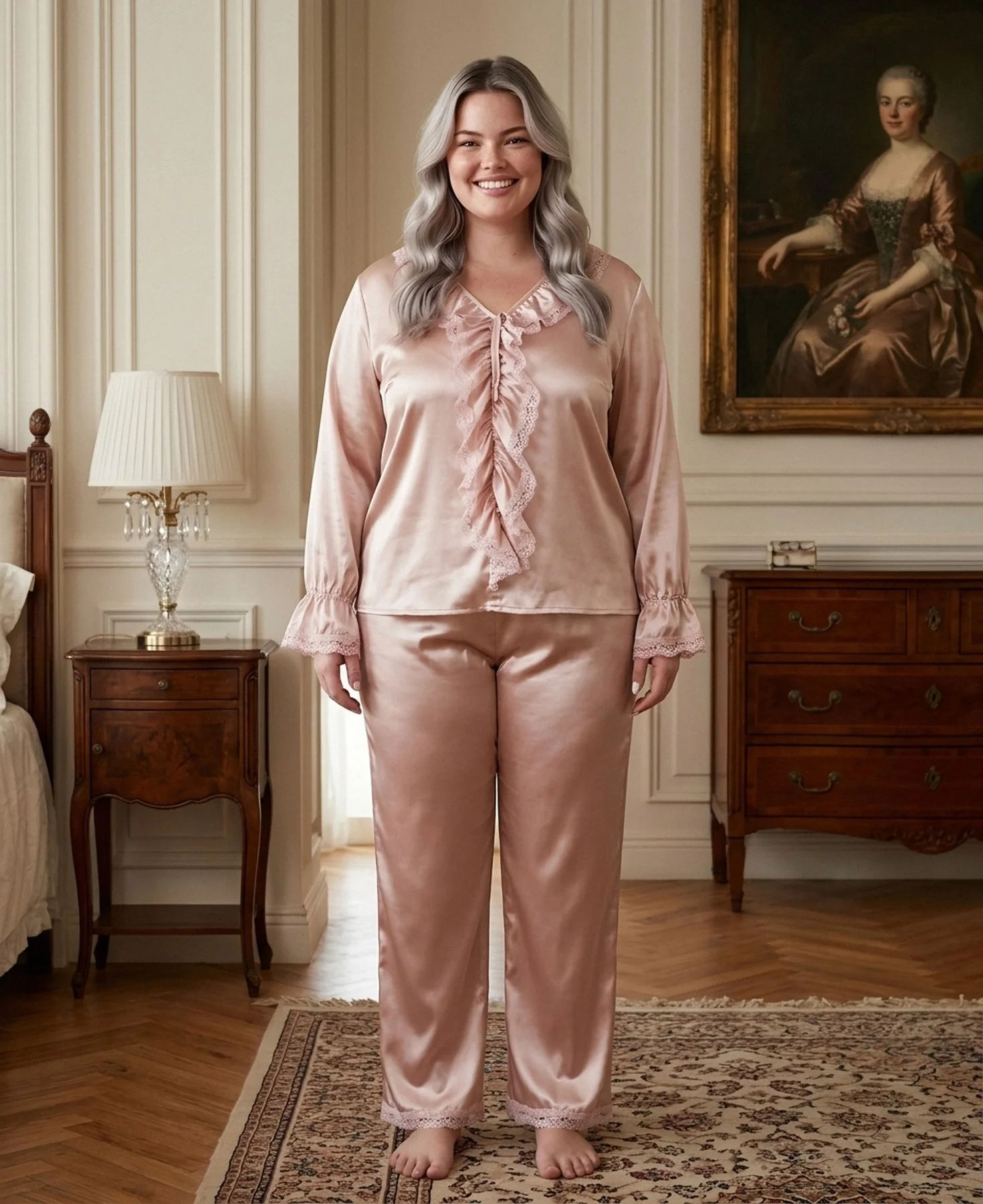 Pyjama satin rose taupe à volants