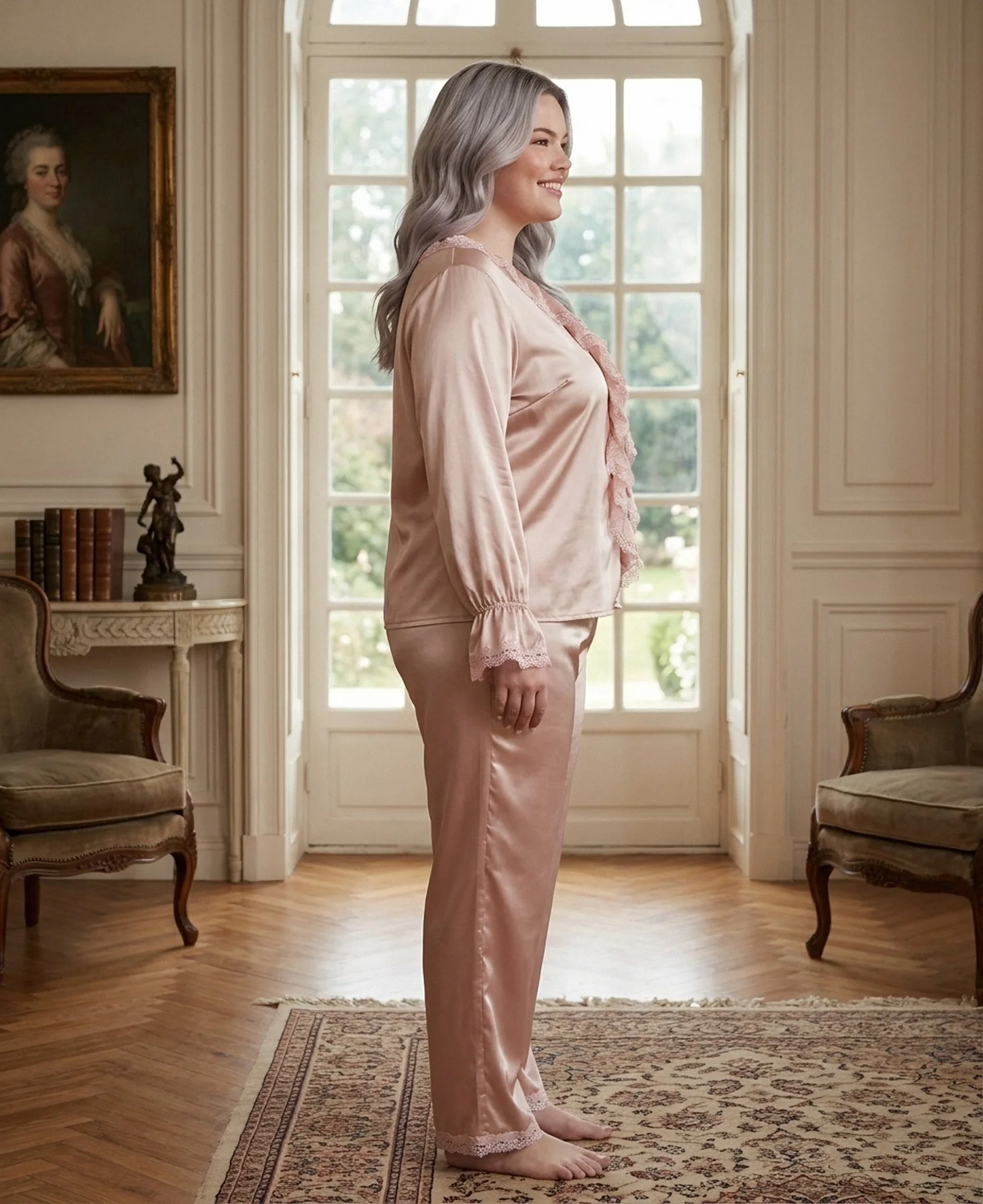 Pyjama satin rose taupe à volants