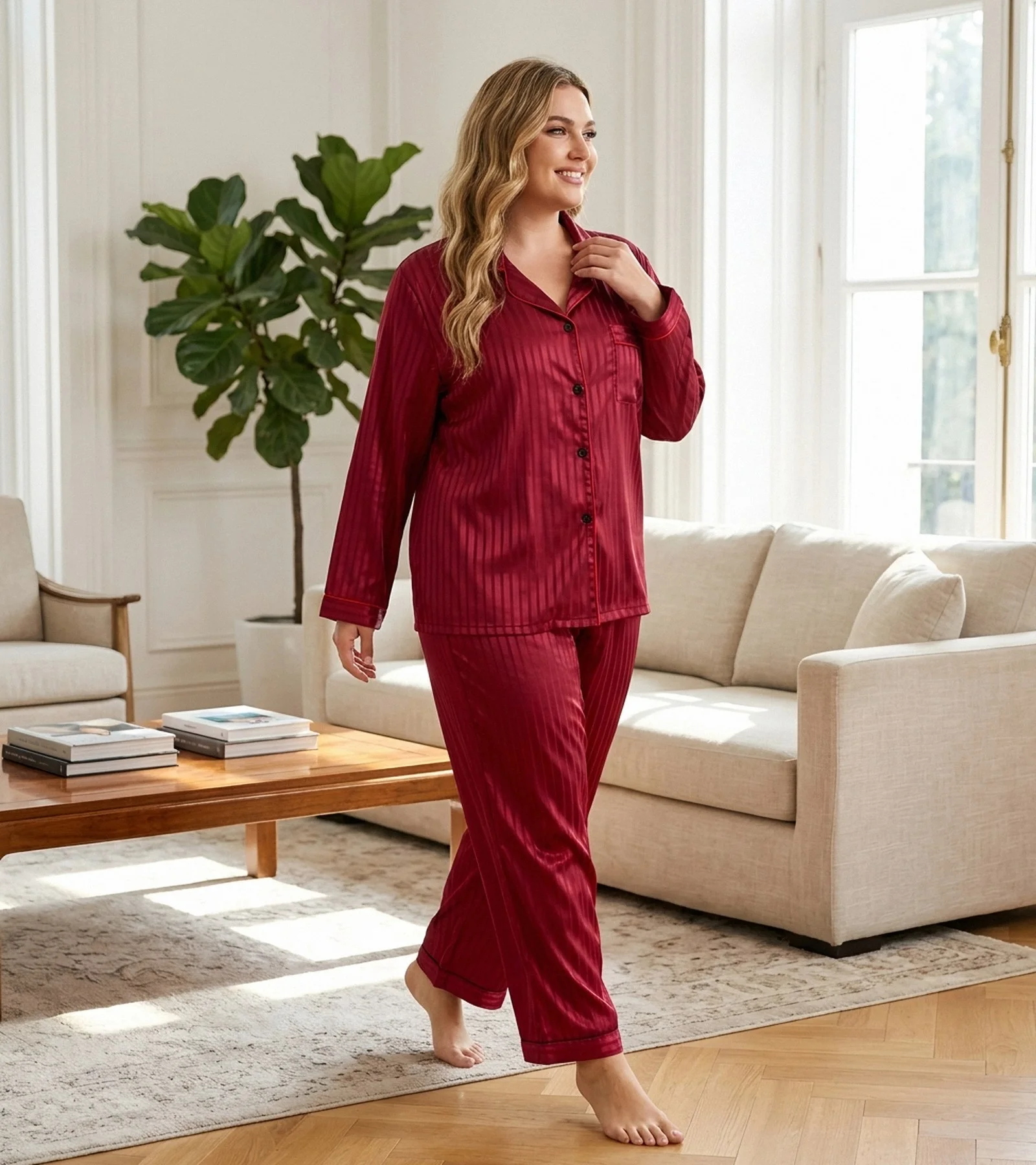 Pyjama satin rouge rayé