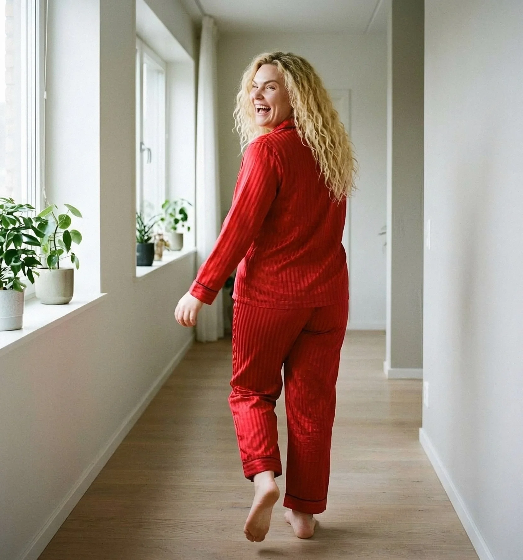 Pyjama satin rouge rayé long