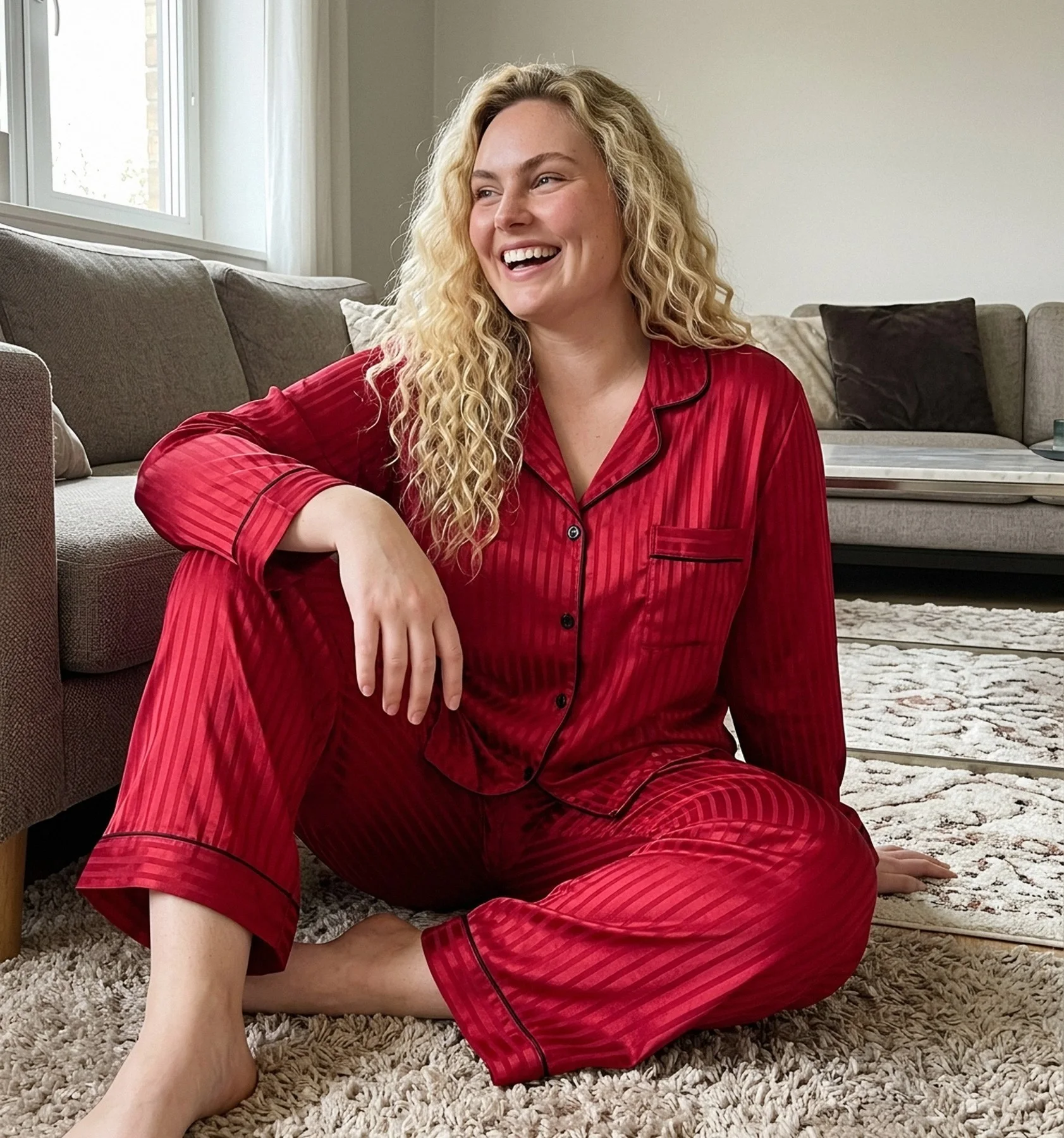 Pyjama satin rouge rayé long