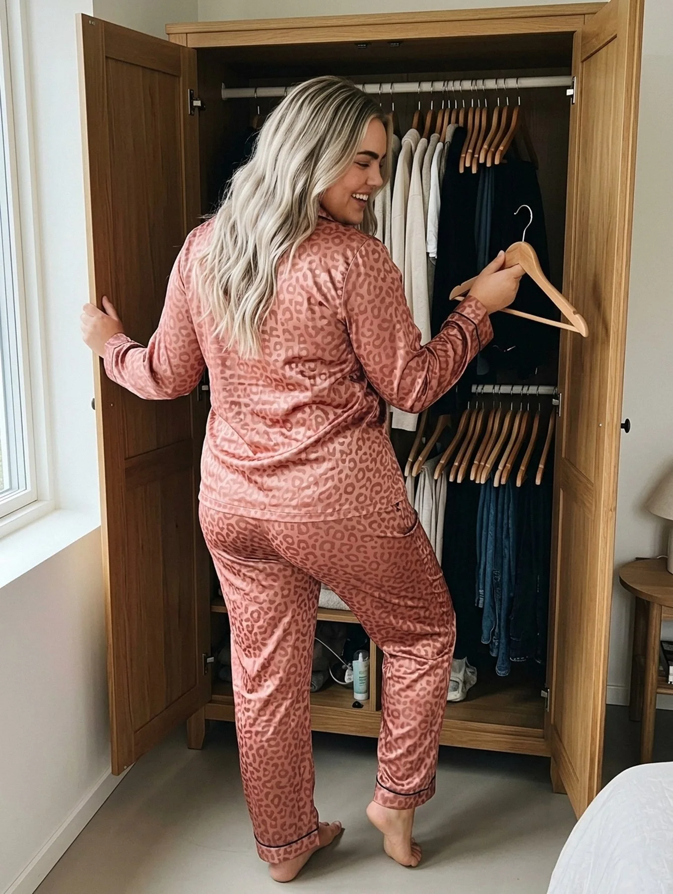 Pyjama satin rose corail léopard