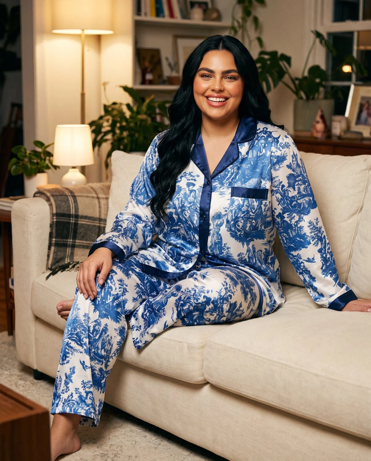 Pyjama satin toile de Jouy bleu