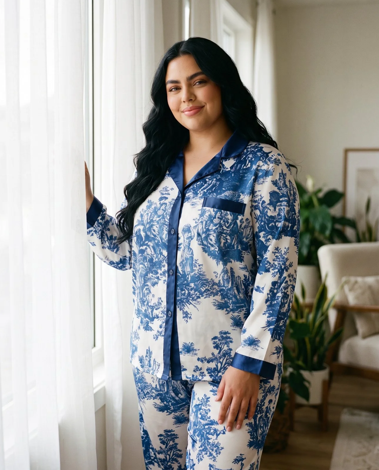 Pyjama satin toile de Jouy bleu