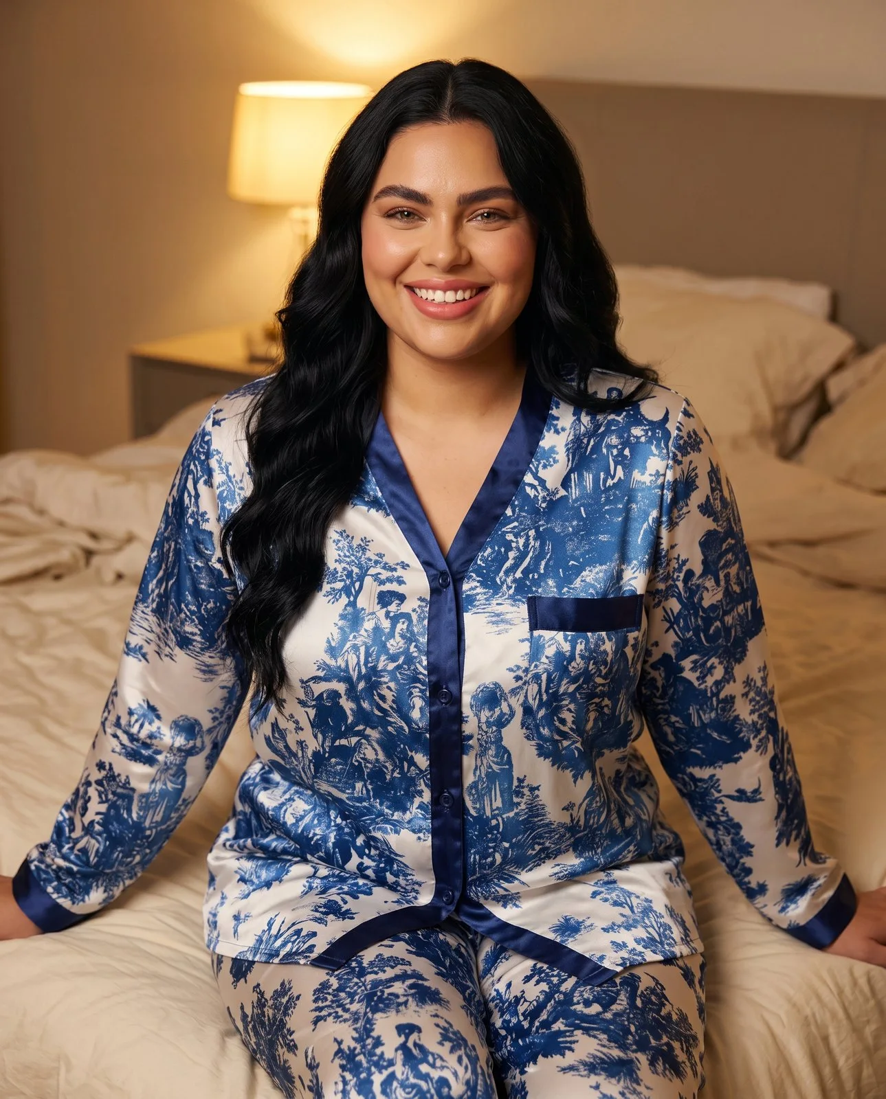 Pyjama satin toile de Jouy bleu