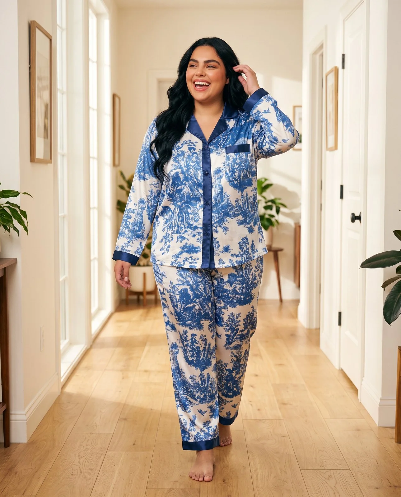 Pyjama satin toile de Jouy bleu