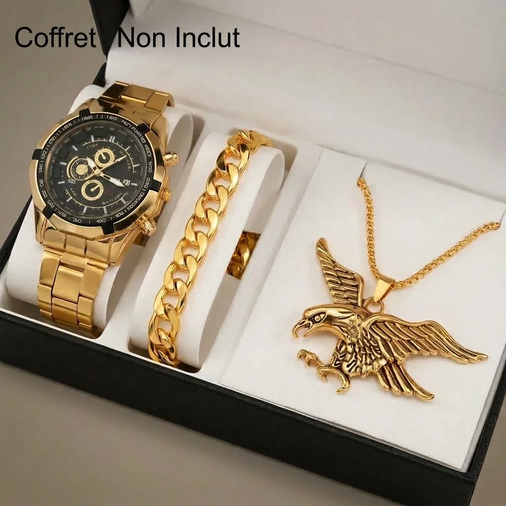 AQUILA Set Homme 3 Pièces · Montre Or & Noir + Gourmette & Pendentif Aigle - GN