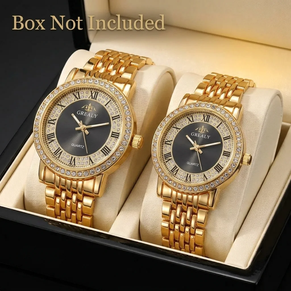 GREALY 💛 Duo Montres Couple · Une Pour Elle, Une Pour Lui · Dorées Serties - GN