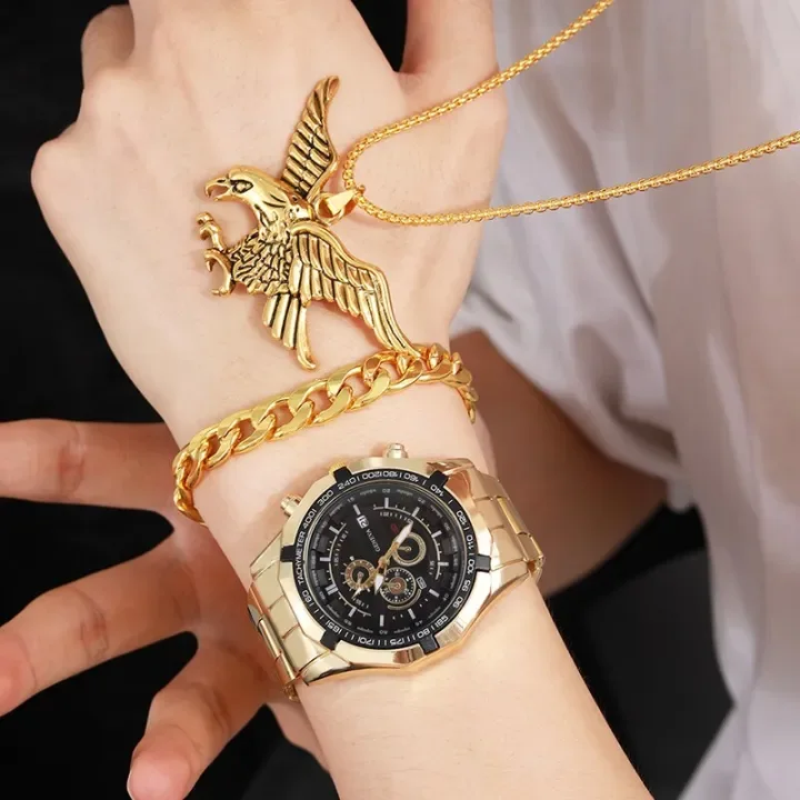 AQUILA Set Homme 3 Pièces · Montre Or & Noir + Gourmette & Pendentif Aigle - GN