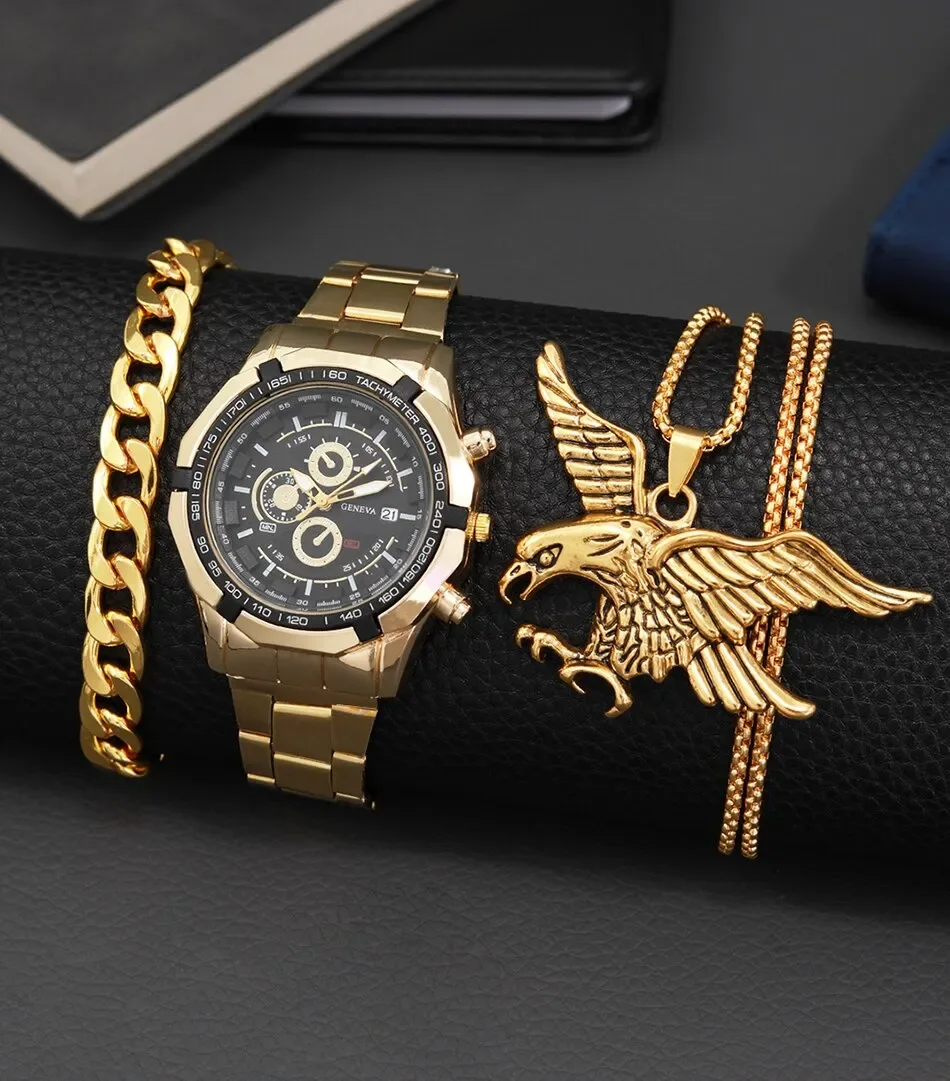 AQUILA Set Homme 3 Pièces · Montre Or & Noir + Gourmette & Pendentif Aigle - GN