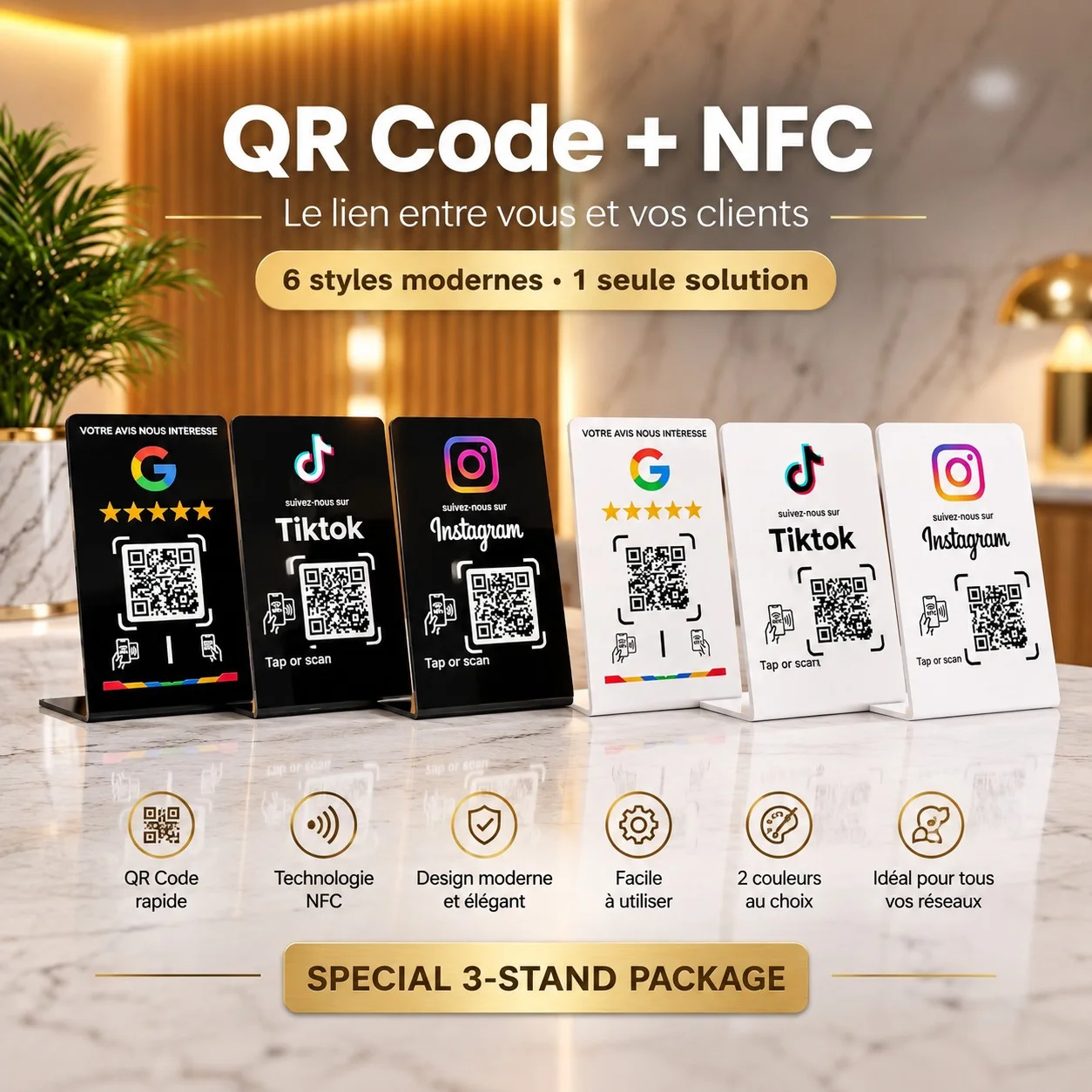 Pack de 3 Plaques NFC & QR Code Personnalisées | Google Avis, Instagram, TikTok