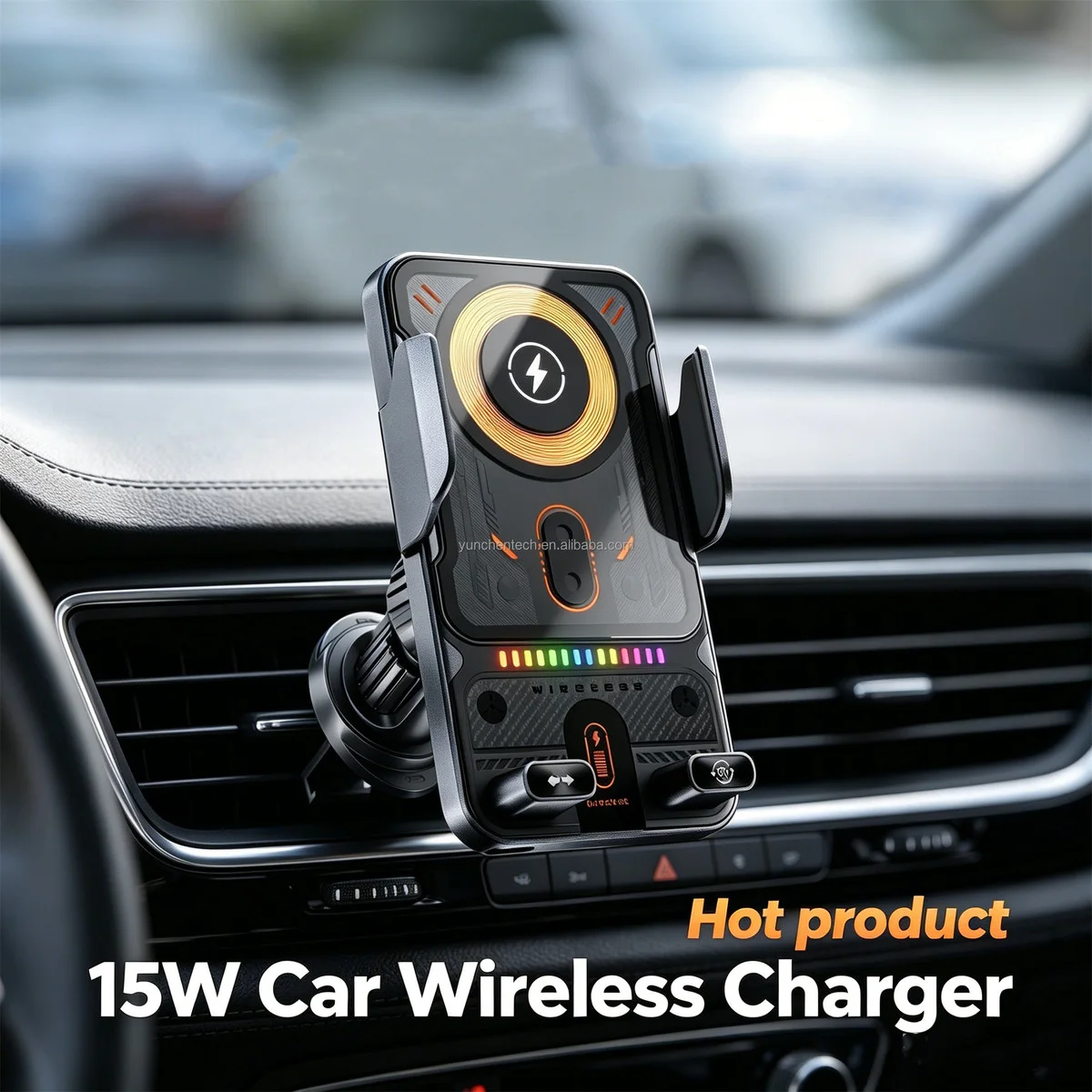 Support Téléphone Magnétique MagSafe & Chargeur Sans Fil Rapide 15W pour Voiture (Modèle Cyberpunk F18) — Fixation Aération 360°, Éclairage d'Ambiance LED & Maintien Anti-Chute