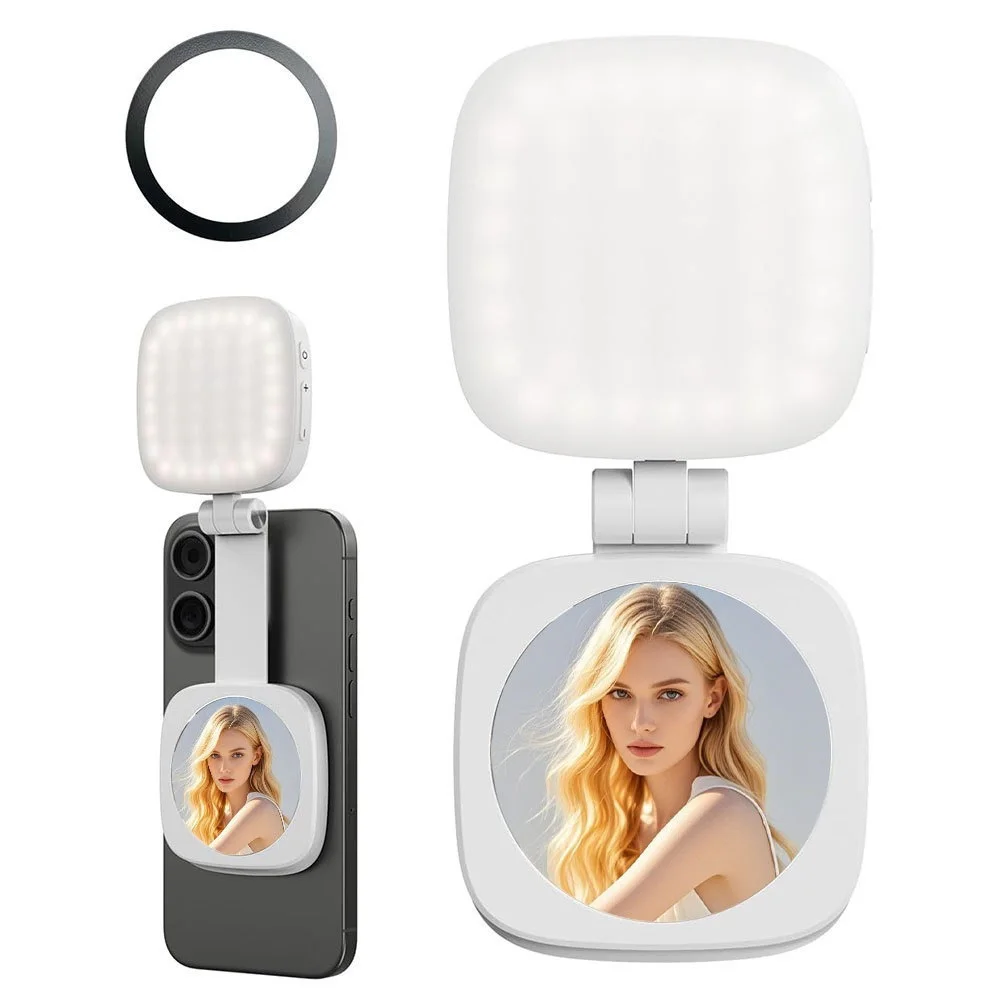 Support Téléphone Magnétique avec Éclairage LED & Miroir de Maquillage — Lampe Ring Light de Poche Multi-Niveaux pour Vlogs, Selfies & Live Streaming