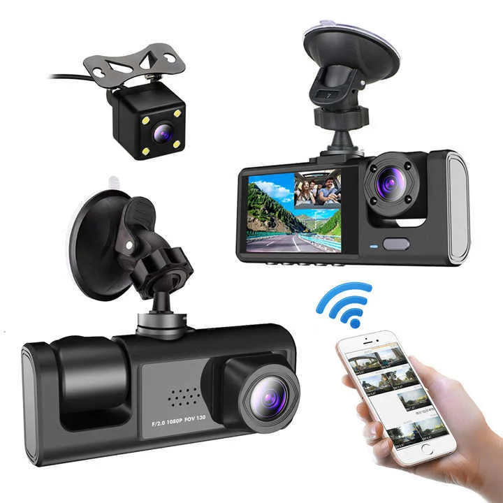 Caméra de Voiture Dashcam 3 Objectifs Full HD (Avant + Intérieur + Arrière) — Écran IPS 2", Wi-Fi, Vision Nocturne & Mode Parking