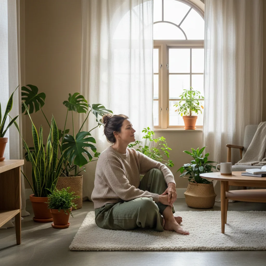 Femme sereine entourée de plantes — bien-être féminin naturel Nuvaya Shop