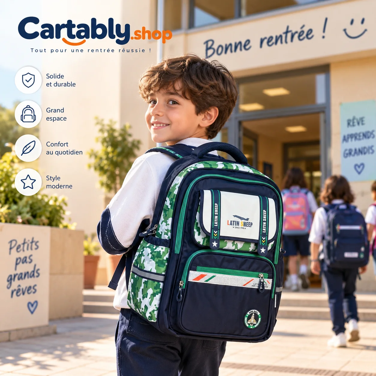 في Cartably اخترنا لكم تشكيلة من المحافظ المدرسية التي تجمع بين الراحة، الجودة والتصاميم التي يحبها الأطفال. هدفنا هو جعل الاستعداد للمدرسة أسهل للآباء وأكثر متعة للأطفال.