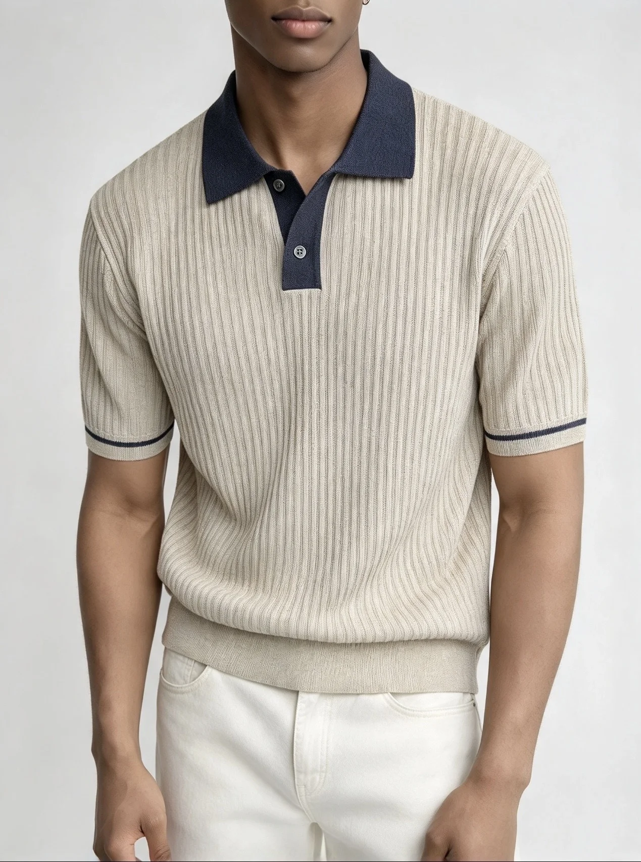 Polo Maille Côtelée Beige & Bleu Marine