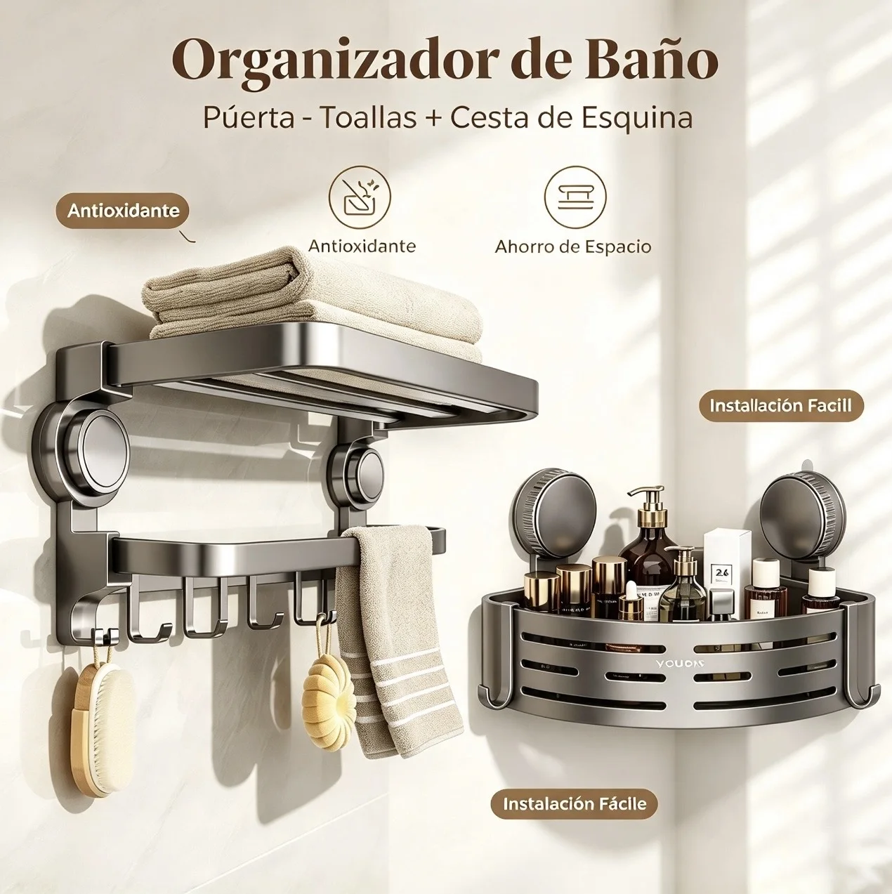 Pack Rangement Salle de Bain : Porte-Serviettes + Panier d’Angle