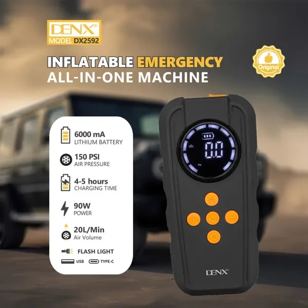 مشغل سيارة 3 في 1 بمضخة هواء رقمية 10 بار، باور بانك 6000 مللي أمبير وإضاءة LED، شحن Type-C