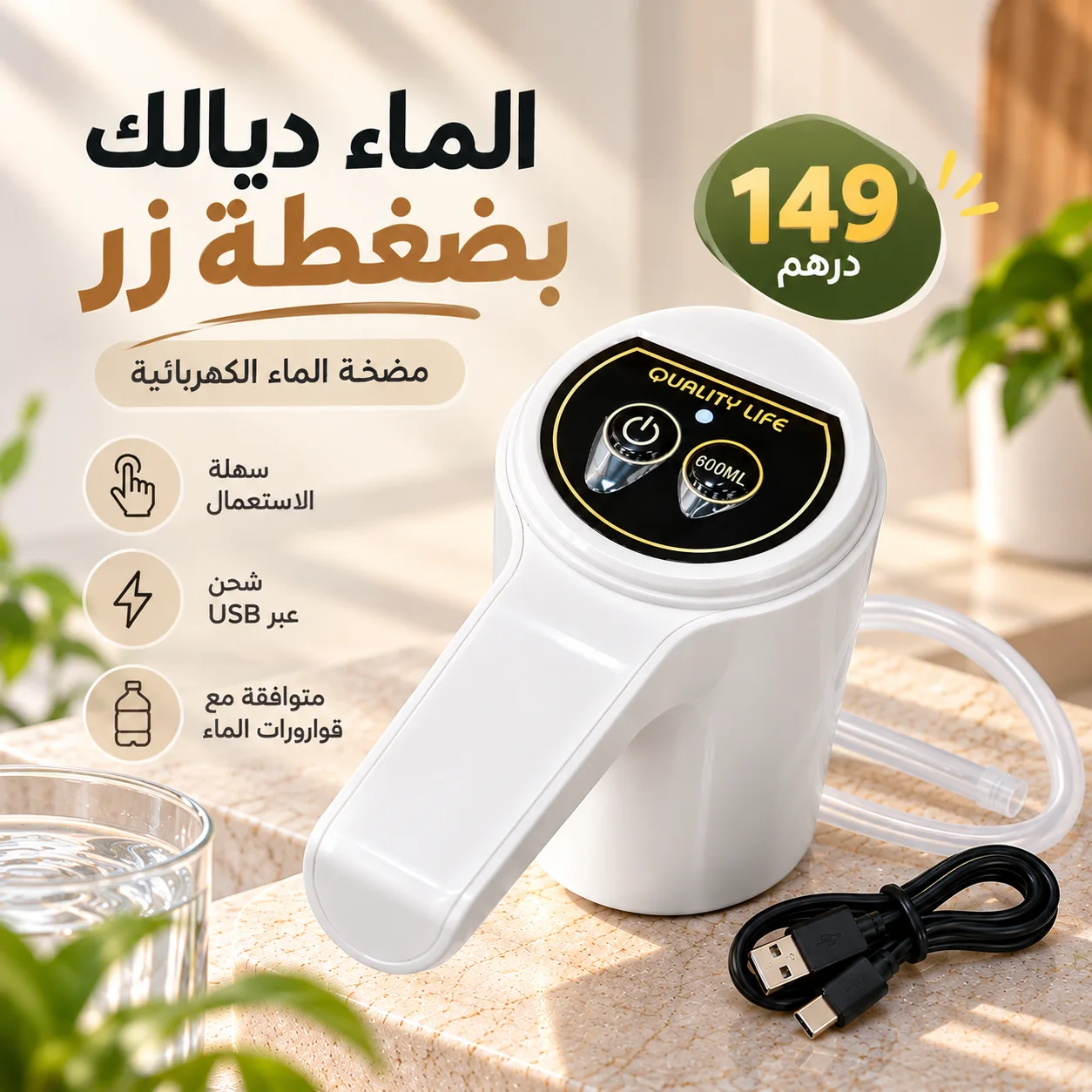 💧 مضخة الماء الذكية – الماء ديالك بضغطة زر فقط! | قابلة للشحن USB