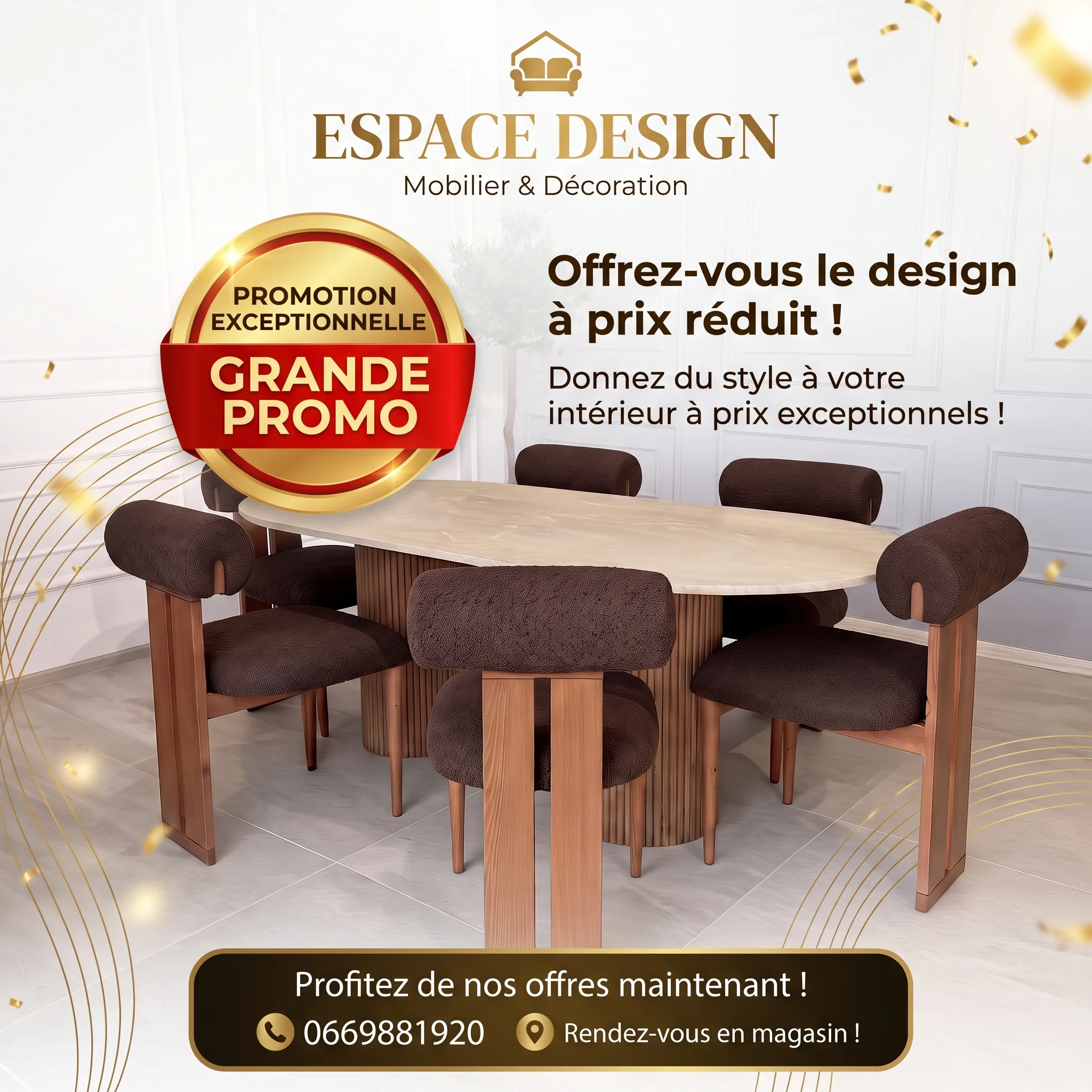 Table Effet Marbre & 6 Chaises en Bouclette Marron
