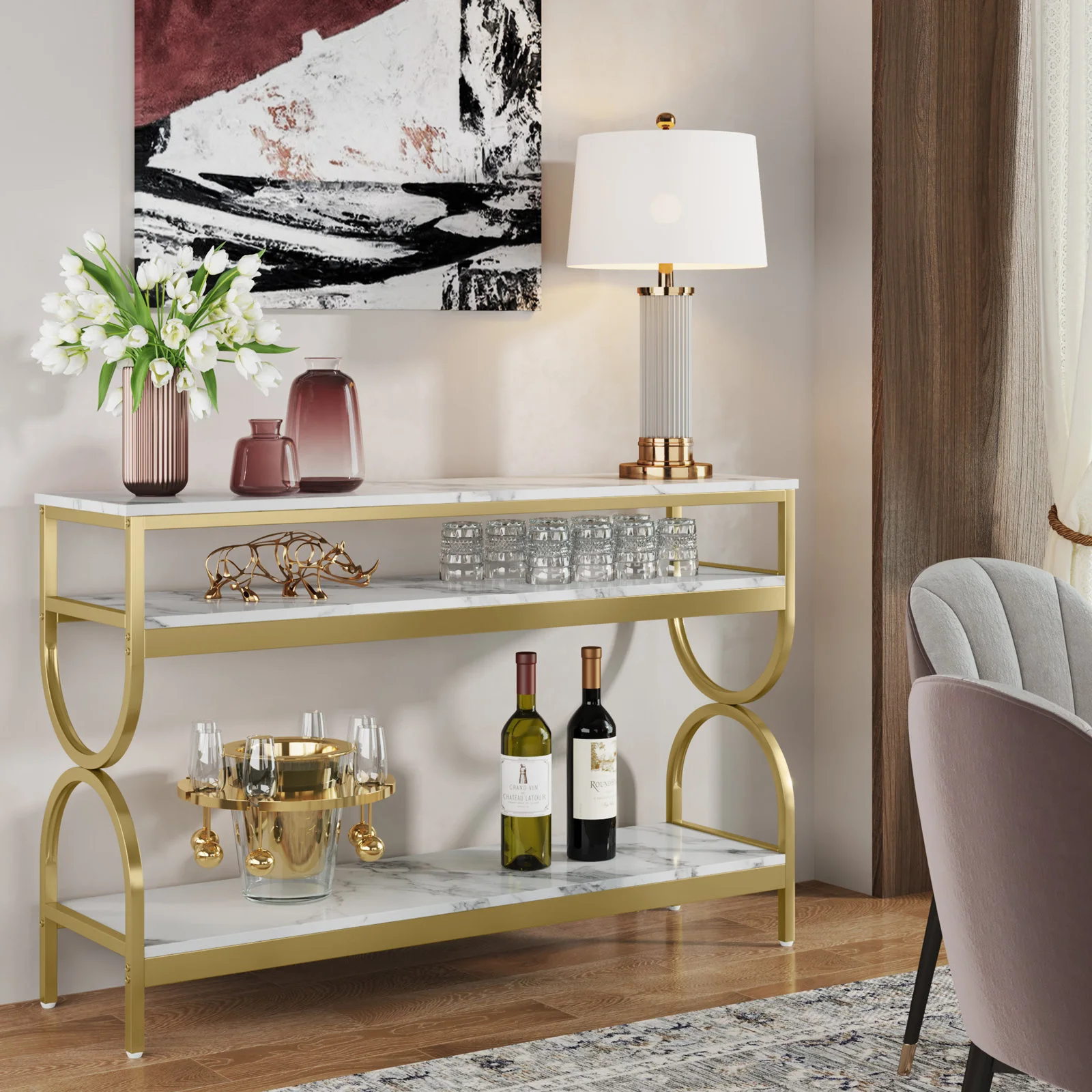 Console blanche et dorée à 3 tablettes – 140 cm