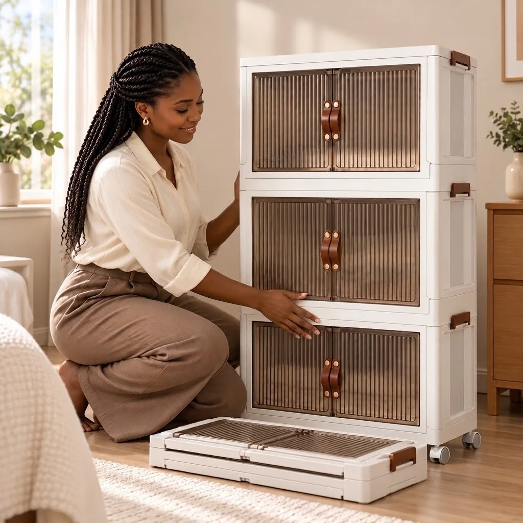 Armoire de rangement pliable et modulable à 4 niveaux avec portes transparentes