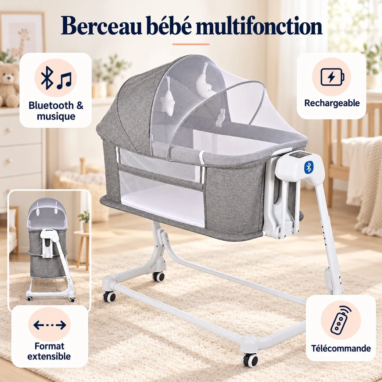Berceau bébé extensible et rechargeable avec Bluetooth, musique et télécommande