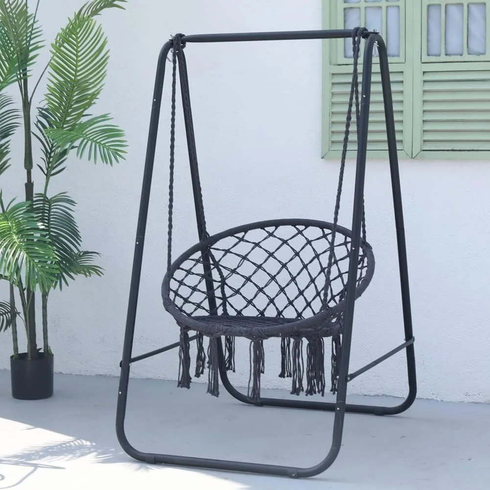 Fauteuil suspendu en macramé avec support métallique – 2 coloris : blanc et noir