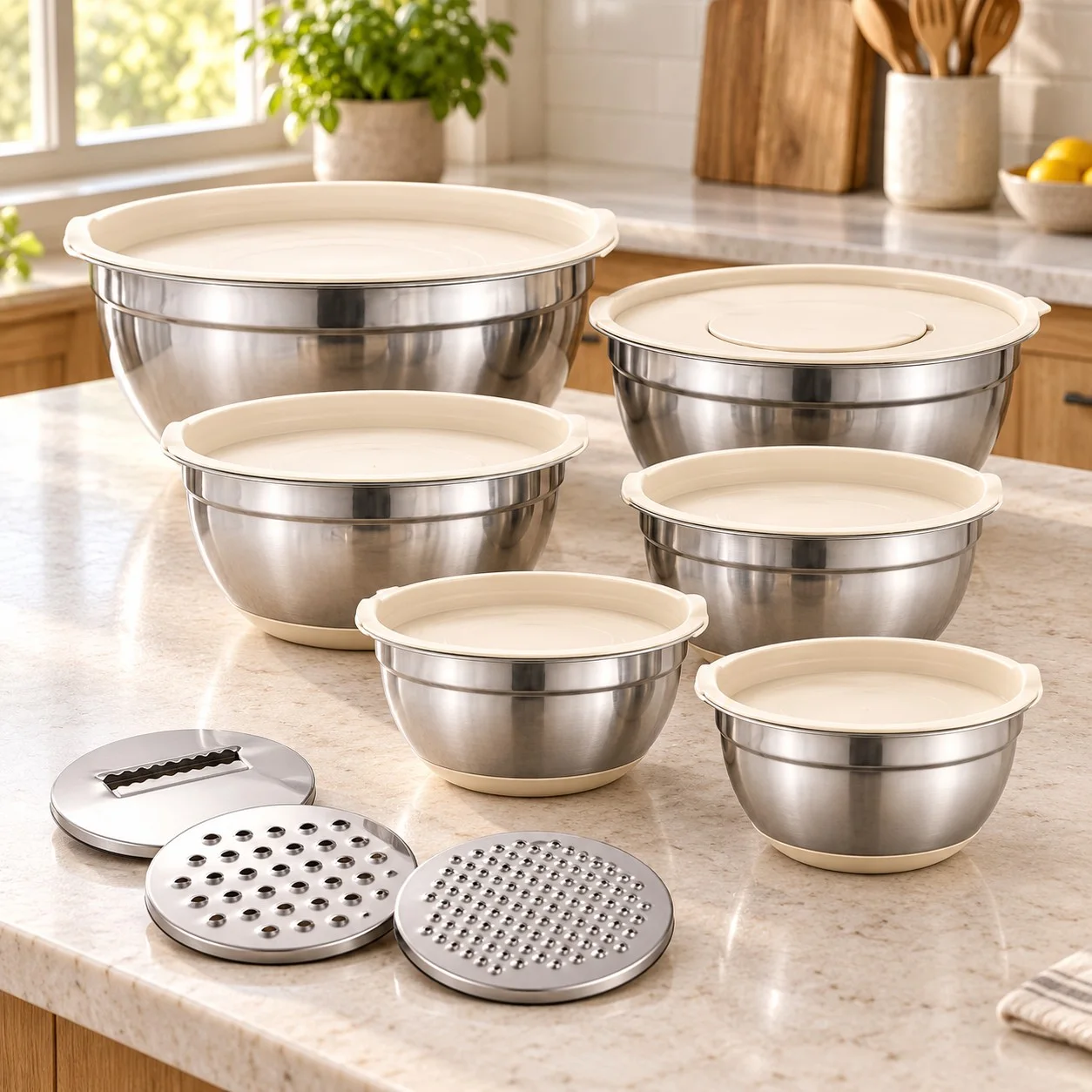 Lot de 6 bols en inox avec couvercles crème et 3 accessoires pour râper et trancher
