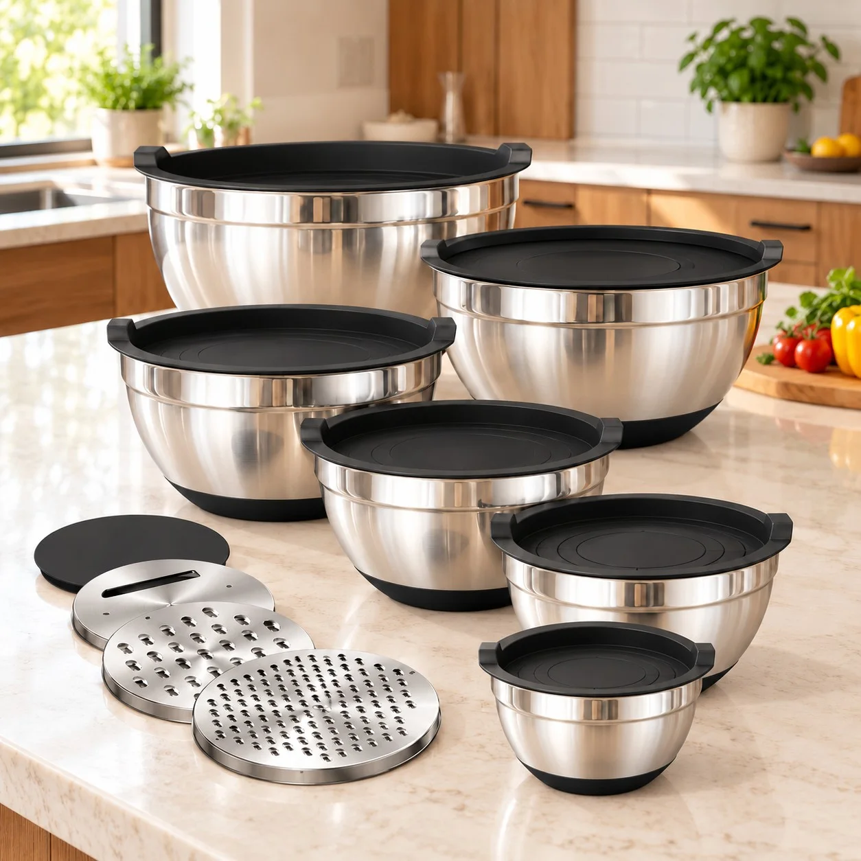 Lot de 6 bols en inox avec couvercles noirs et 3 accessoires pour râper et trancher
