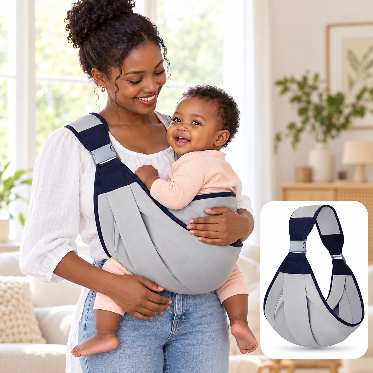 Porte-bébé en bandoulière réglable avec épaule rembourrée – Gris et bleu marine