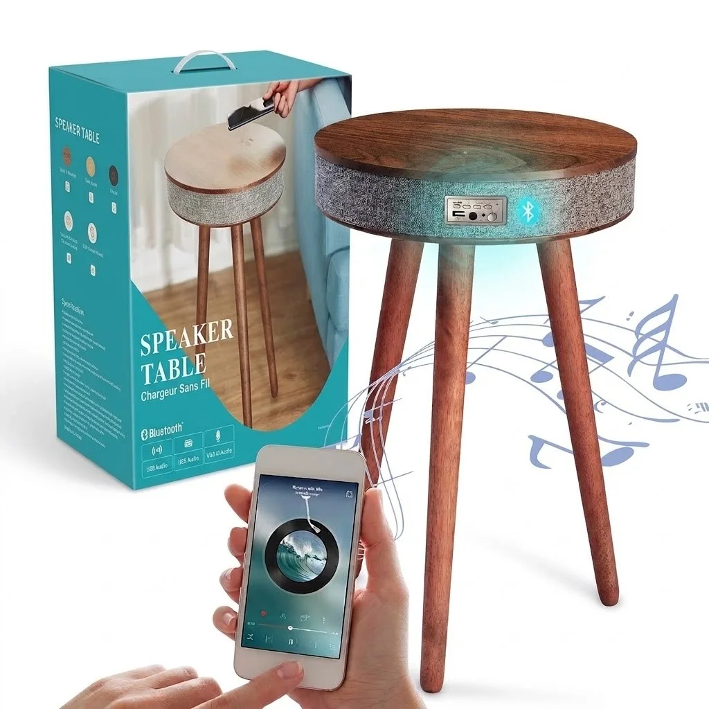 Table d’appoint avec enceinte Bluetooth intégrée et chargeur sans fil