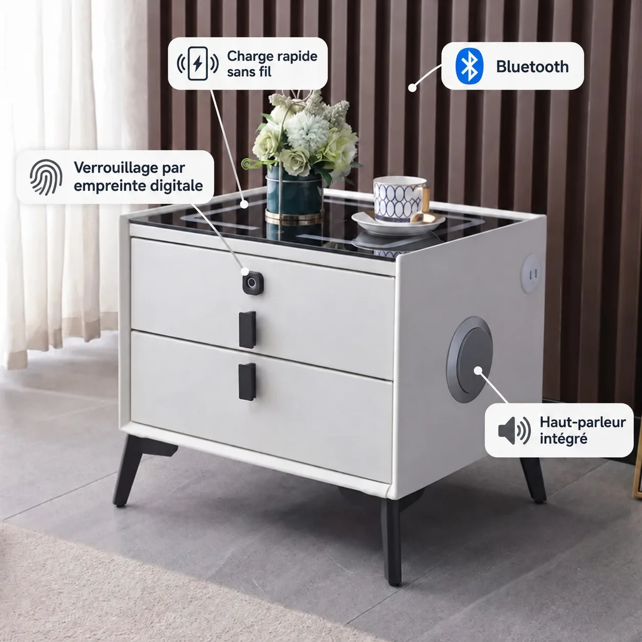 Table de chevet connectée avec haut-parleur intégré, Bluetooth et verrouillage par empreinte digitale