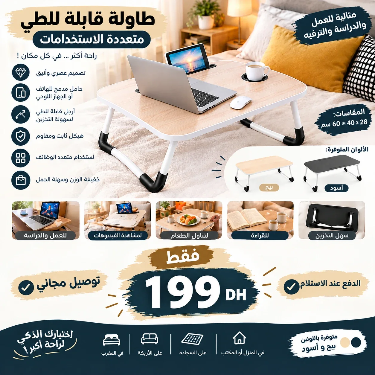 طاولة قابلة للطي متعددة الاستخدامات للسرير واللابتوب