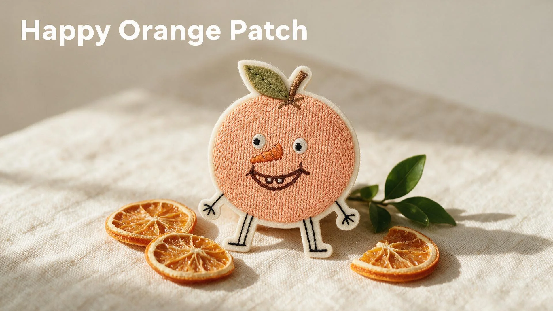 Happy Orange embroidered patch on cream linen