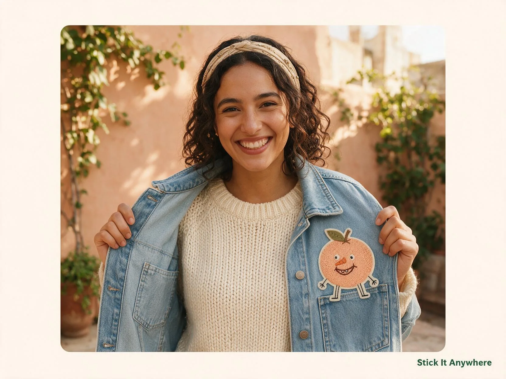 Happy Orange patch worn on a denim jacket