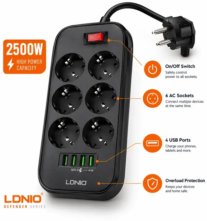 موزع ومأخذ كهربائي ذكي LDNIO Defender Series (مع منافذ USB)