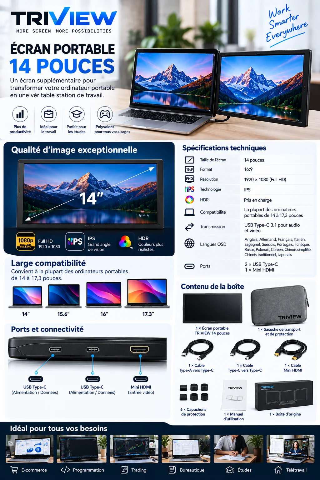 Portable dual-screen monitor: 1 pcs of 14 inch full view display S14