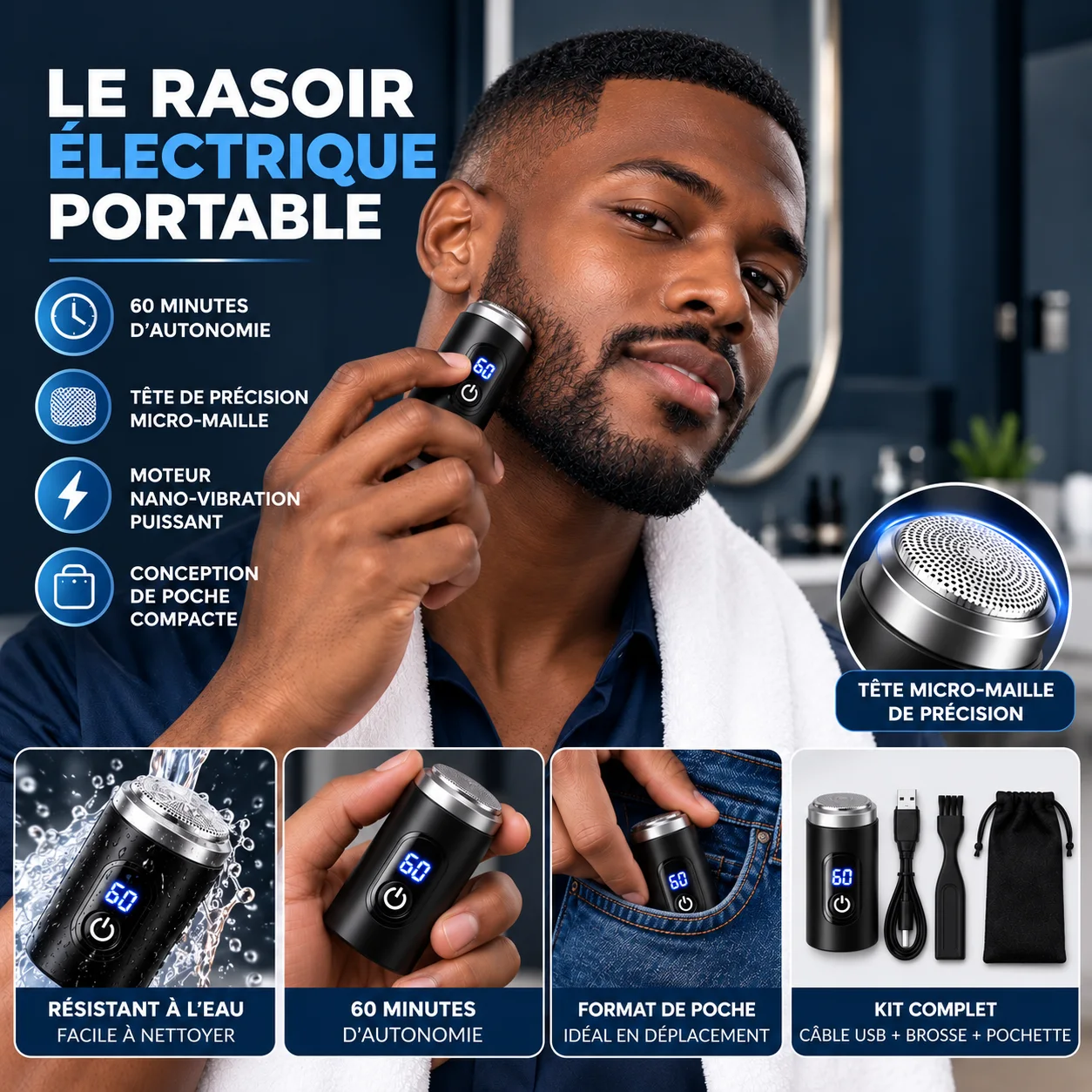 Rasoir Électrique Portable avec Écran LED – Rechargeable USB