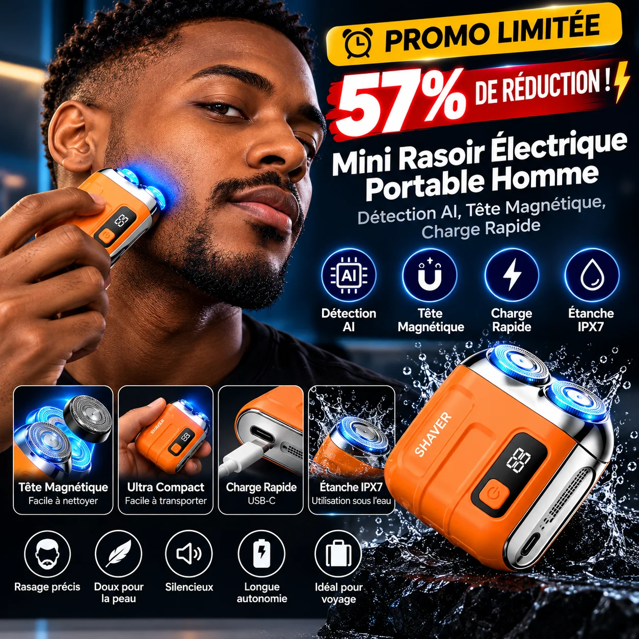 🪒 PROMO LIMITÉE 57% DE RÉDUCTION ! ⚡ Mini Rasoir Électrique Portable Homme – Détection AI, Tête Magnétique, Charge Rapide 🧔