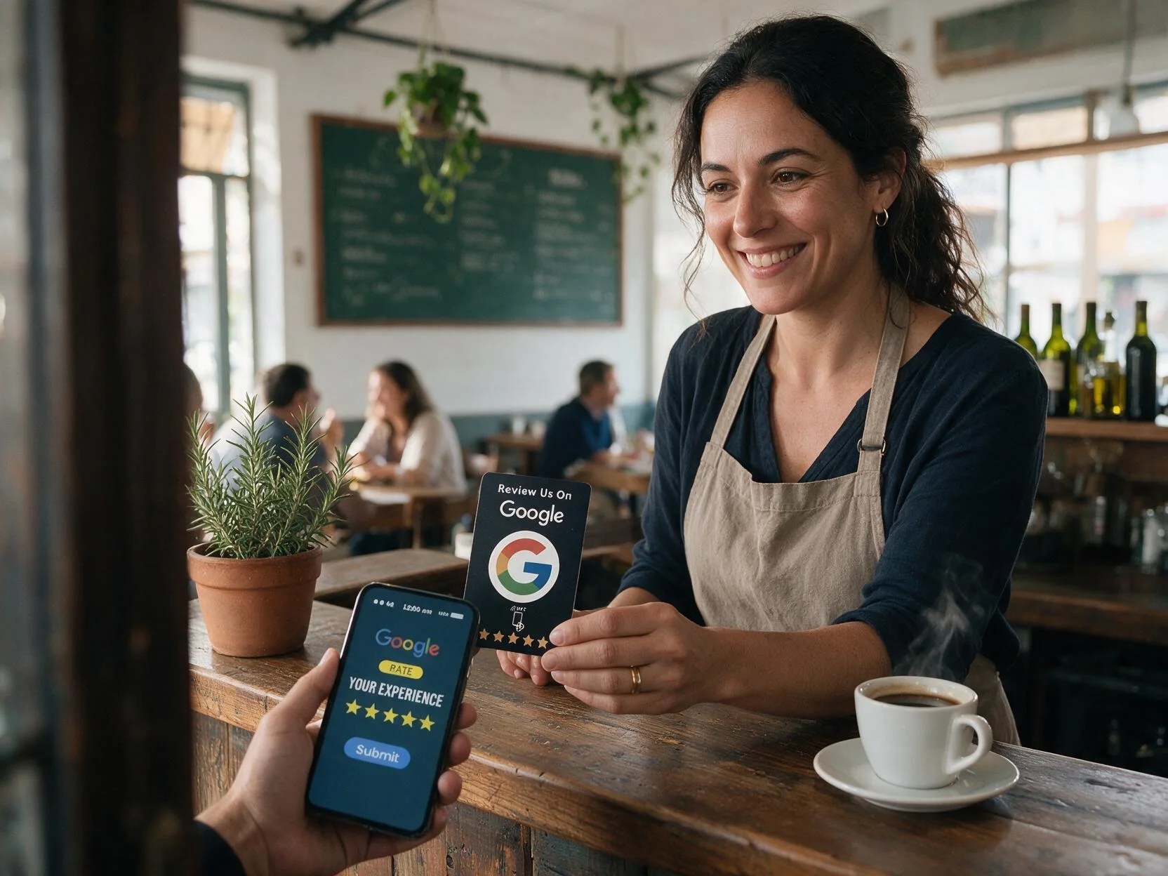 Clienta dejando su reseña en Google con la tarjeta NFC