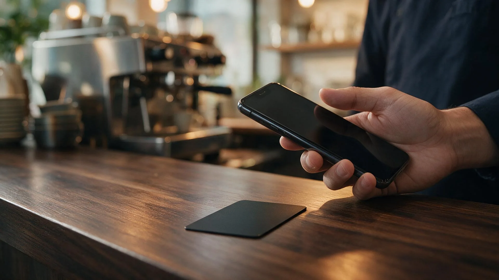 Tarjeta NFC de S-Marketing sobre una barra, junto a un móvil