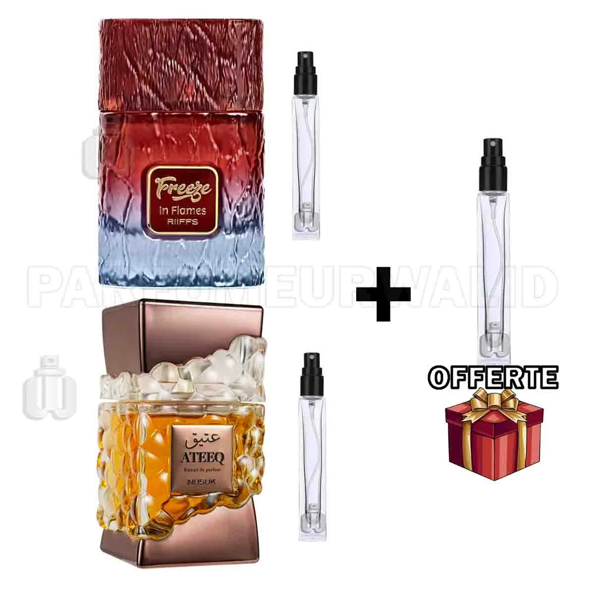 PACK DECANTES RIIFFS NUSUK - 10ML FREEZE IN FLAMES Riiffs + 10ML ATEEQ NUSUK + Decante Gratuit OFFERTE