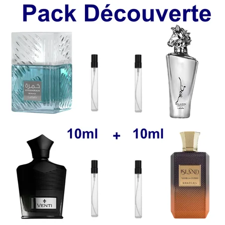 Pack Découverte:  Khamrah Waha 10ml + Island Vanilla Dunes 10ml + Venti 10ml + Maahir Legacy 10ml