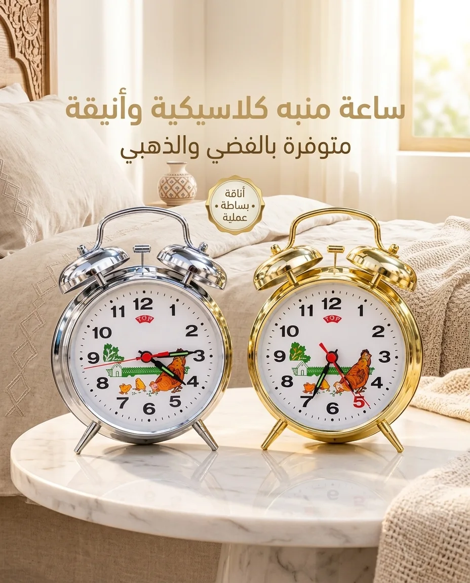 منبه كلاسيكي مزدوج الجرس بتصميم أنيق – ذهبي أو فضي