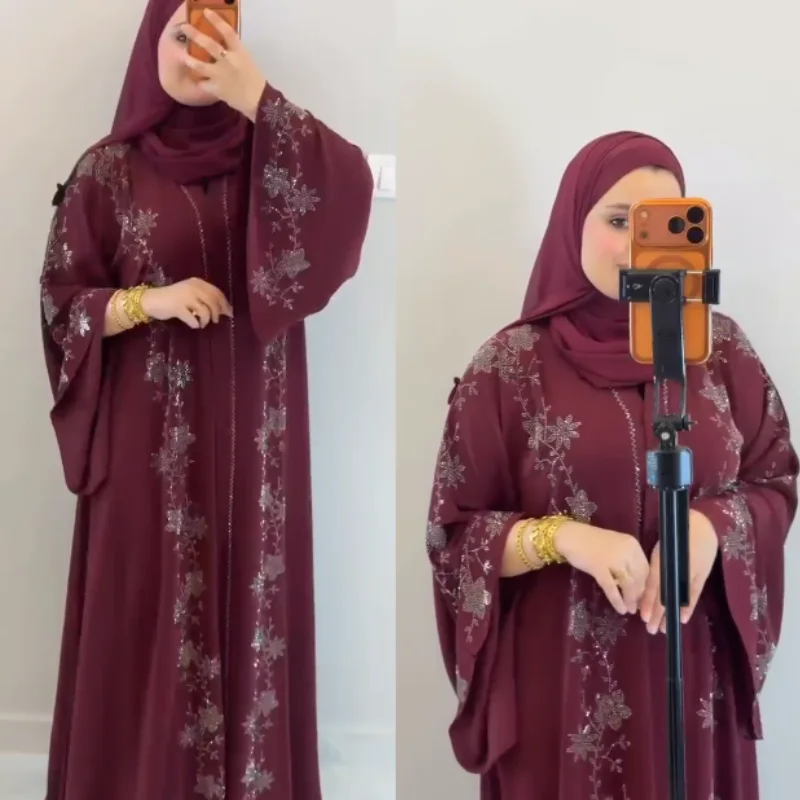 Abaya Émiratie Bordeaux de Luxe – Élégance & Strass ✨