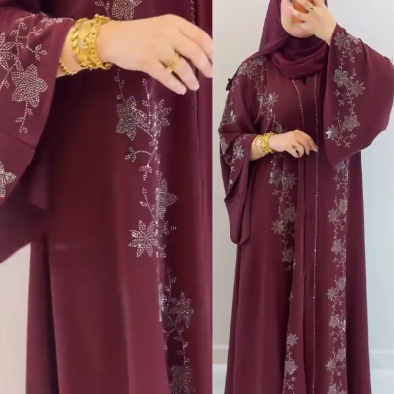 Abaya Émiratie Bordeaux de Luxe – Élégance & Strass ✨