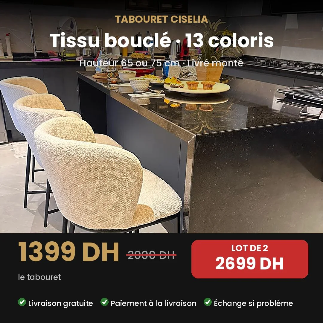 Tabouret Ciselia : bouclé, dossier confortable, livré monté