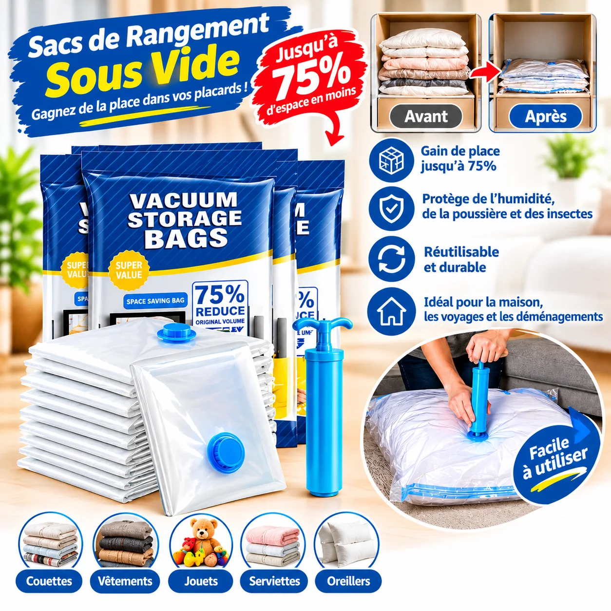 Lot de 5 Sacs sous Vide avec Pompe Manuelle – Rangement et Compression